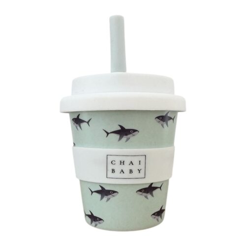 shark babyccino cup with blue straw and white silicone lid and band