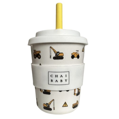 A kids keep cup with tractors and diggers and construction on it with white background. Silicone lids and band with yellow straw.