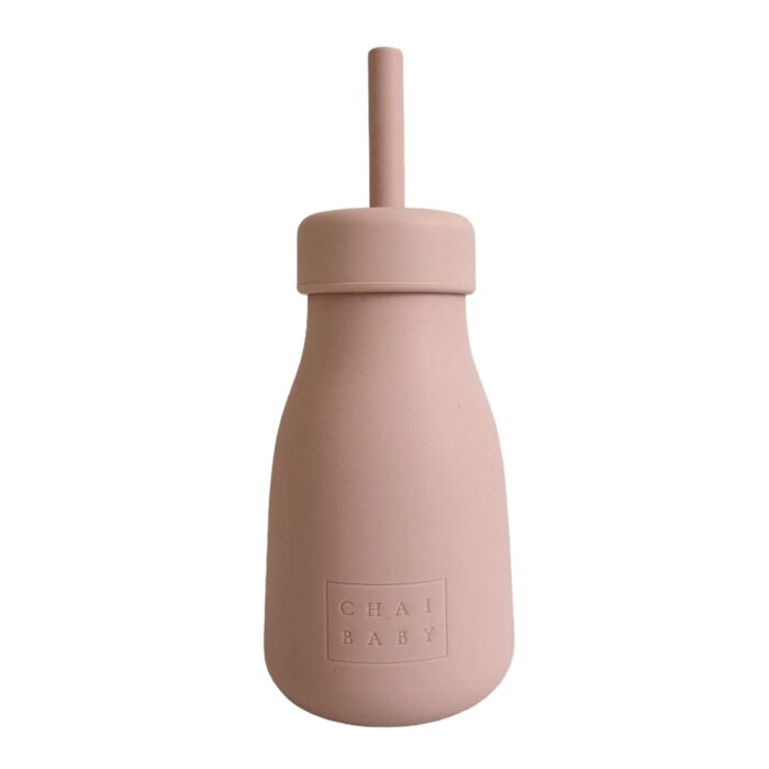 Pink silicone milk bottle with straw and chai baby branding