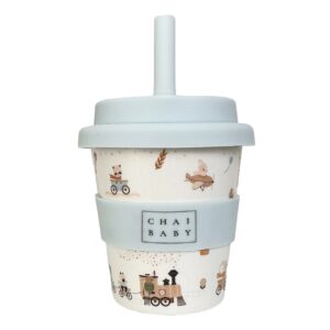 Little traveller babyccino and fluffy cup with airplanes, trains and cute animals on it with a pale blue lid and band with matching straw