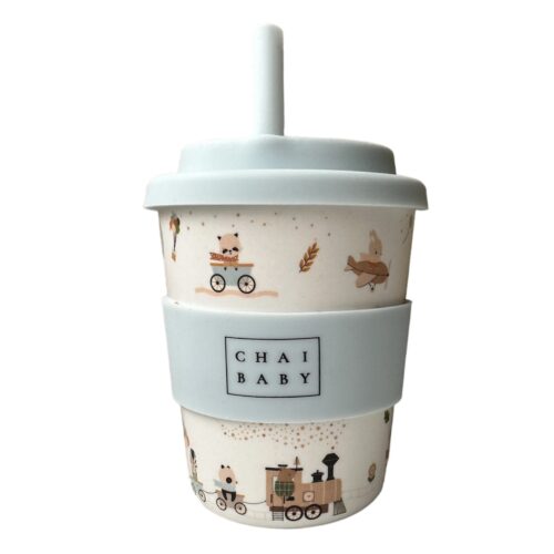 Little traveller babyccino and fluffy cup with airplanes, trains and cute animals on it with a pale blue lid and band with matching straw.