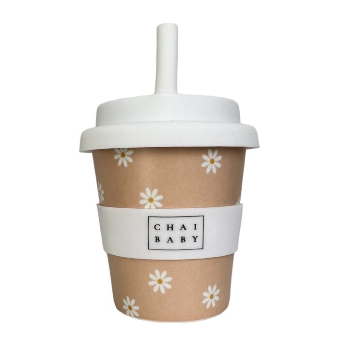 Photo of an babyccino and fluffy bamboo keep cup with white flowers and a beige background 350ml