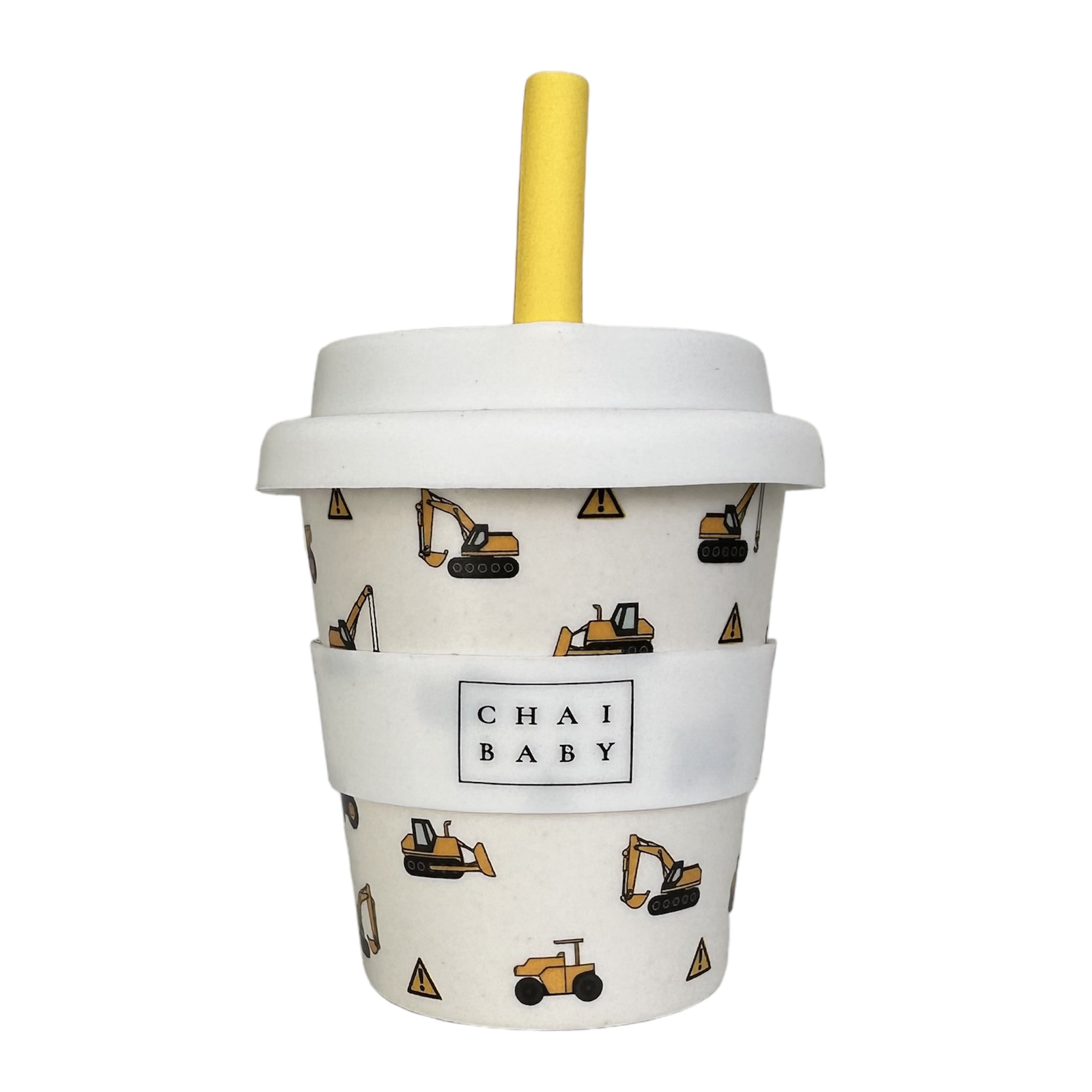 Construction fluffy cup with silicone lid and band 120 ml with diggers and tractors on it. With yellow silicone straw