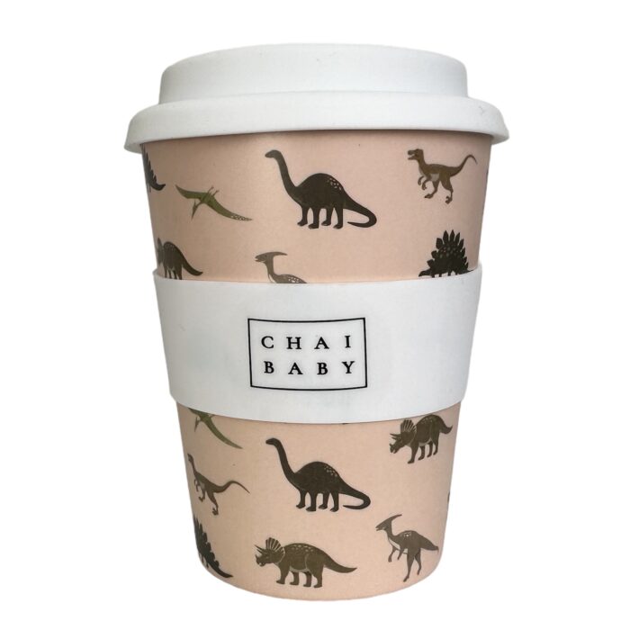 An adult keep cup with dinosaurs and beige background. Silicone lid and band