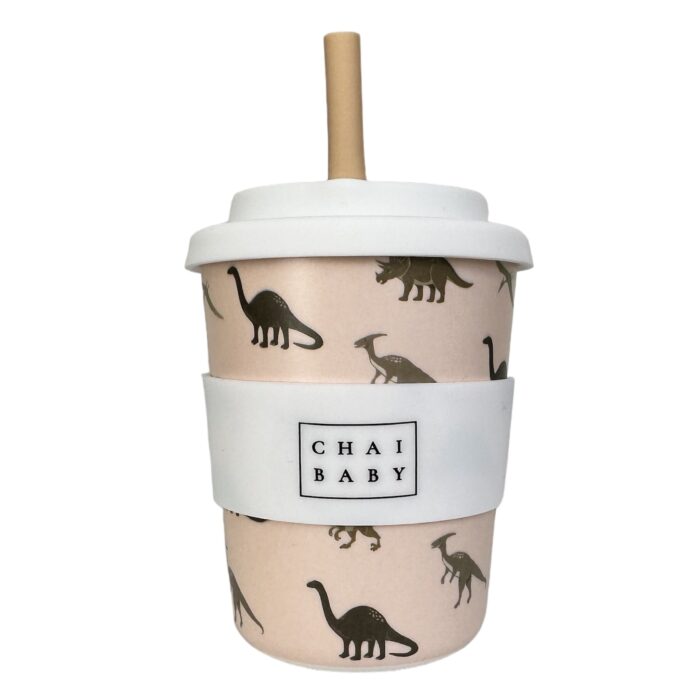 A kids keep cup with dinosaurs and beige background. Silicone lid and band with beige straw