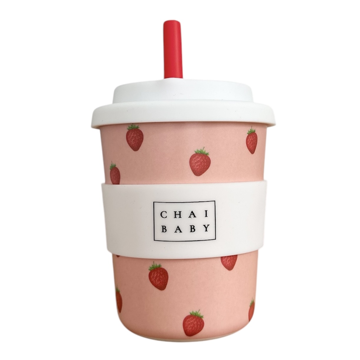 Strawberry design babyccino fluffy cup with silicone lid, band and straw