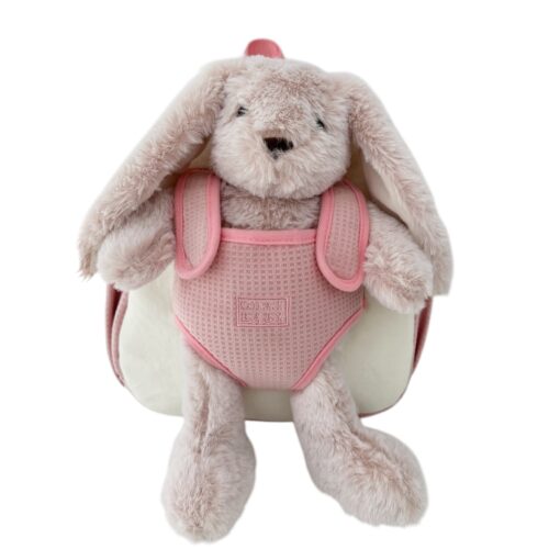 Pink bunny backpack with harness for soft toy