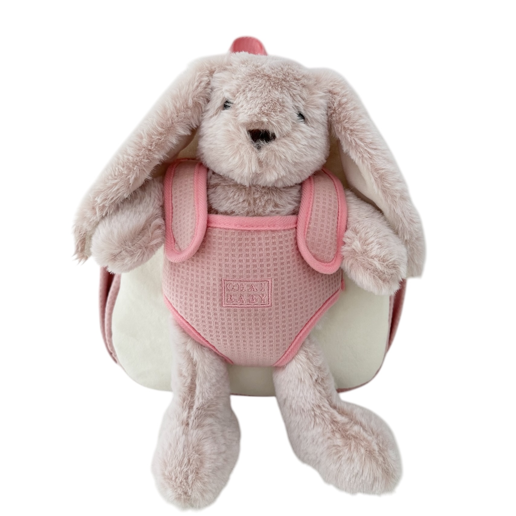 Pink bunny backpack with harness for soft toy